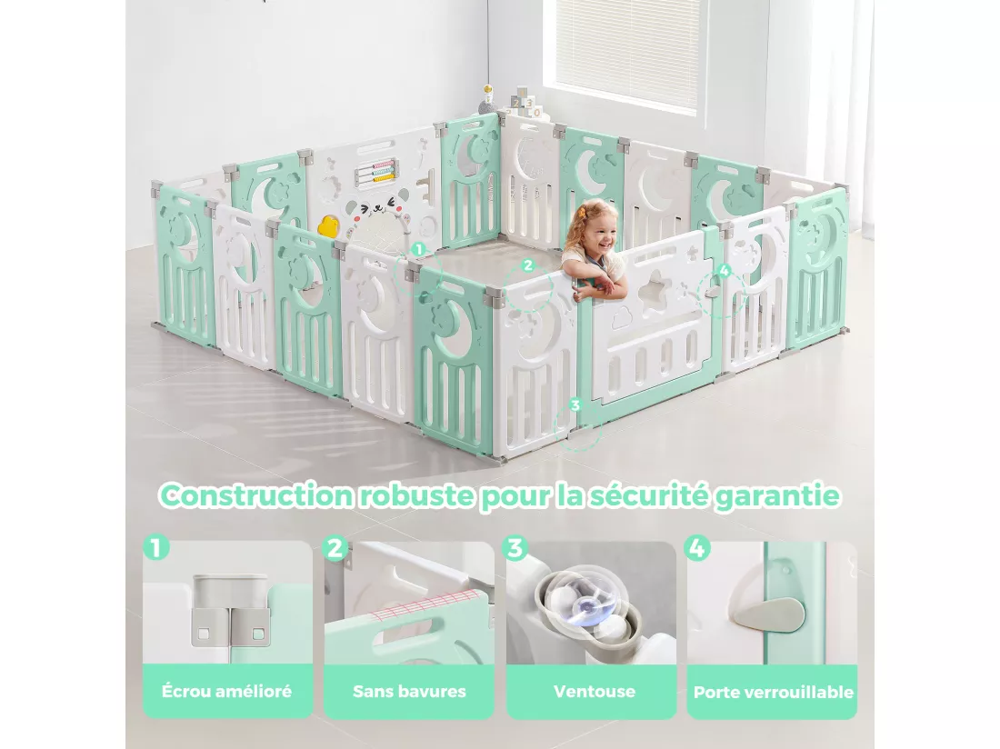 Parc Bébé 16+2 Panneaux,Barrière de Sécurité Portail Parc XXL,Grille de Protection en Plastiqu Ecologiques avec Porte,190x190cm-Vert
