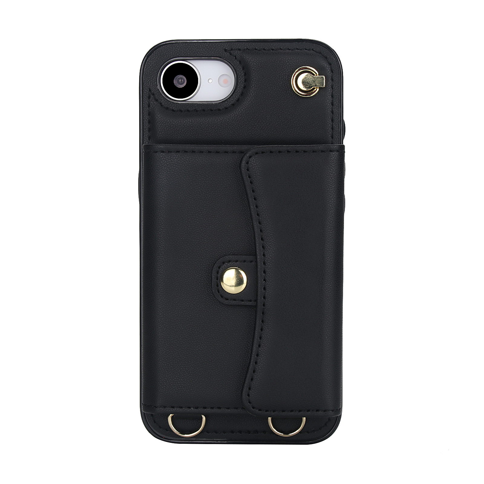 iPhone 16e Necklace Leder Schutz Hülle mit Kartenfach   Handykette (140cm) - Schwarz