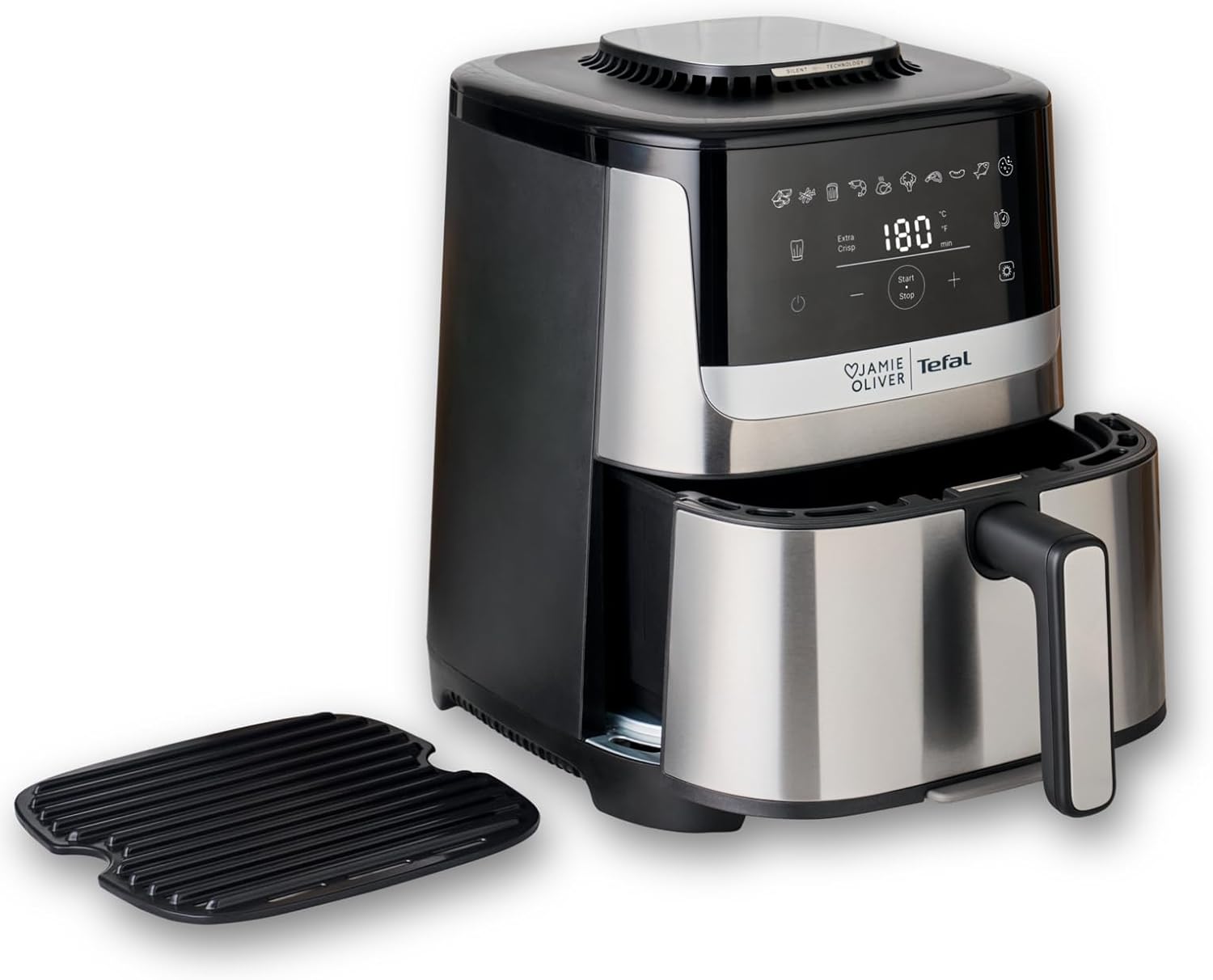 Jamie Oliver by Tefal Easy Fry Silence Deluxe Heißluftfritteuse, sehr leise, 10 voreingestellte Programme, digitaler Touchscreen, 5 l, inkl. Druckguss-Gitterrost + Deckel, Schwarz/Edelstahl, EY55JDE0