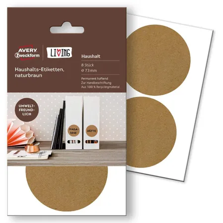 Avery Zweckform 62011 Haushaltsetiketten, naturbraun, Ø 73 mm, 4 Bogen/8 Etiketten