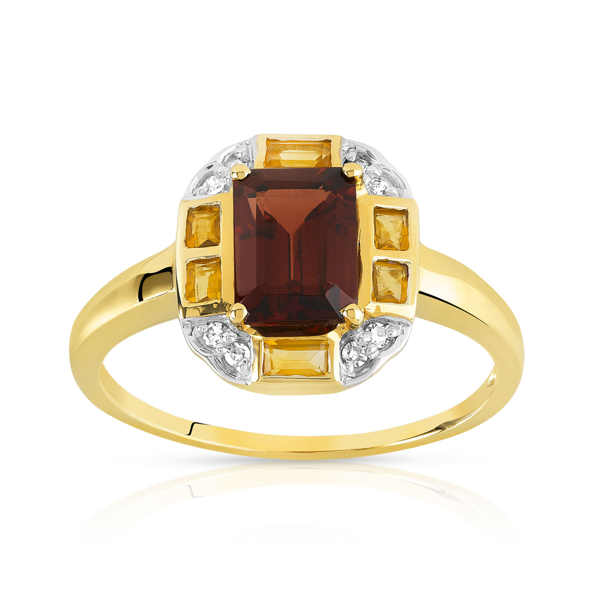 Bague or 375 2 tons grenat citrines et diamants