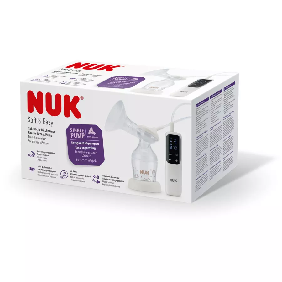 NUK elektrische Einzelmilchpumpe Soft & Easy mit Akku und weichen Bustausätzchen inkl. Babyflasche Perfect Match 150ml