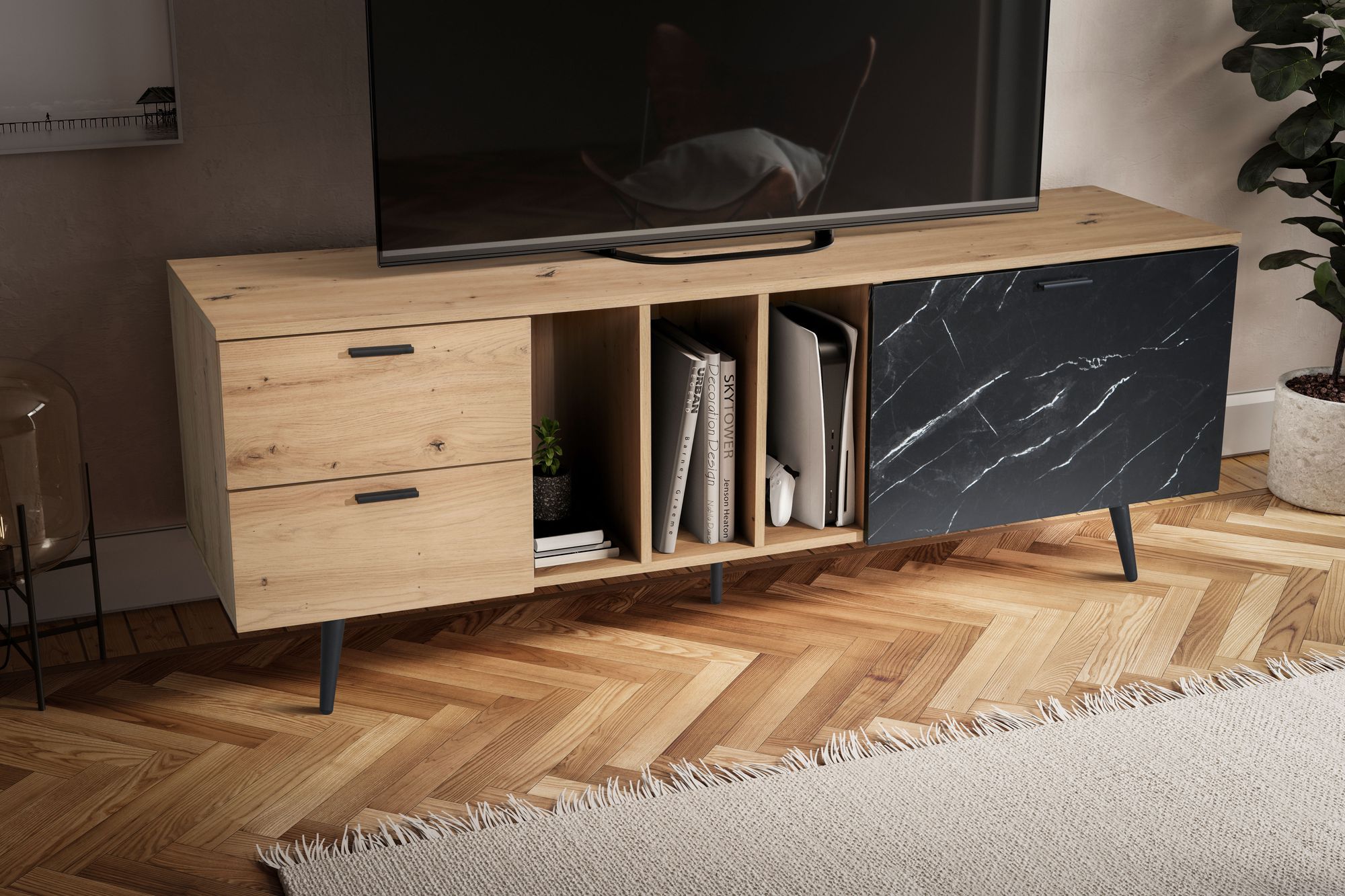 Lowboard FineBuy TV Schrank 150 cm Fernsehtisch Fernsehschrank Marmor Schwarz