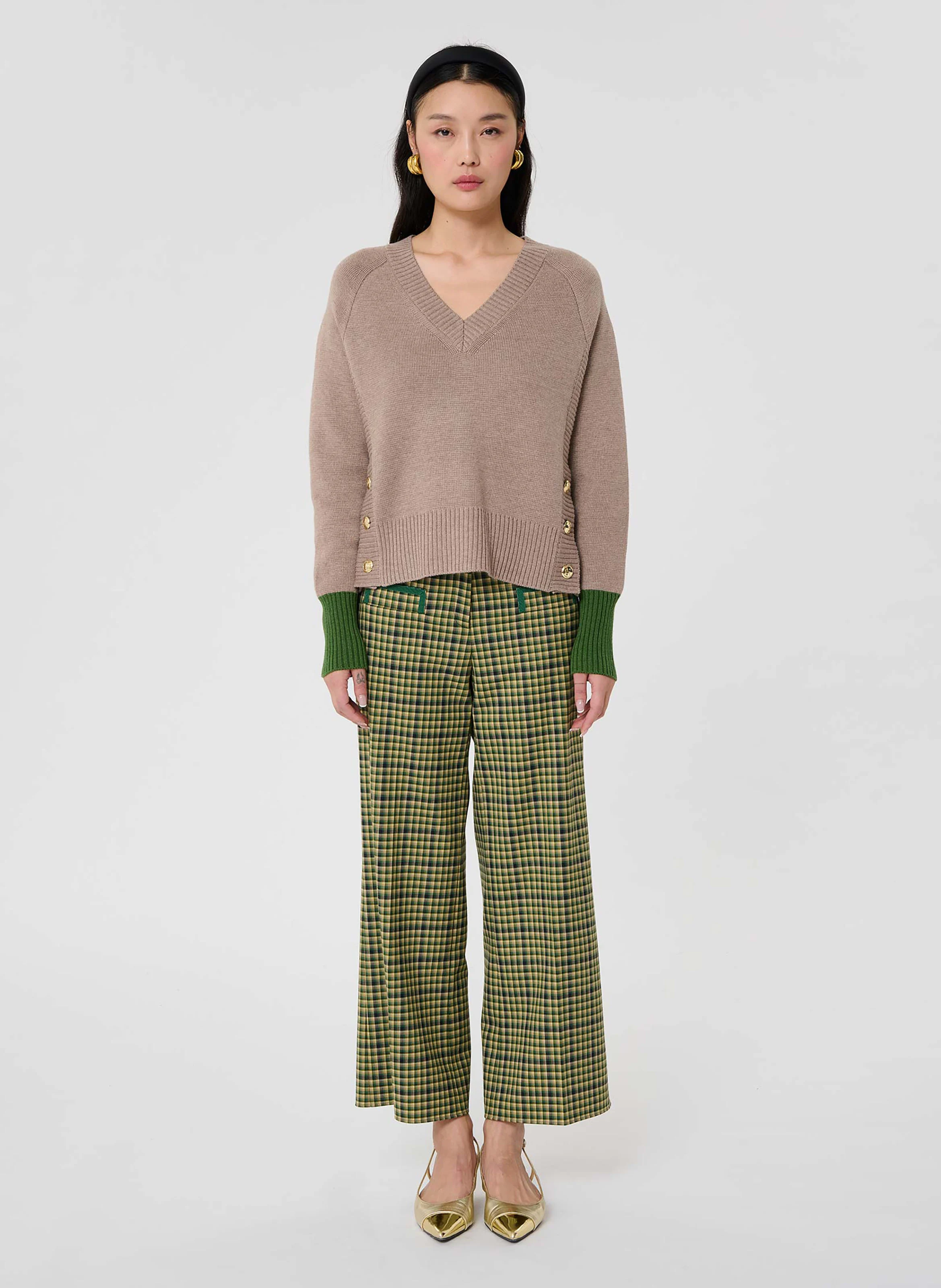 PROMESSE - Pull ample boutonné en maille| Marron
