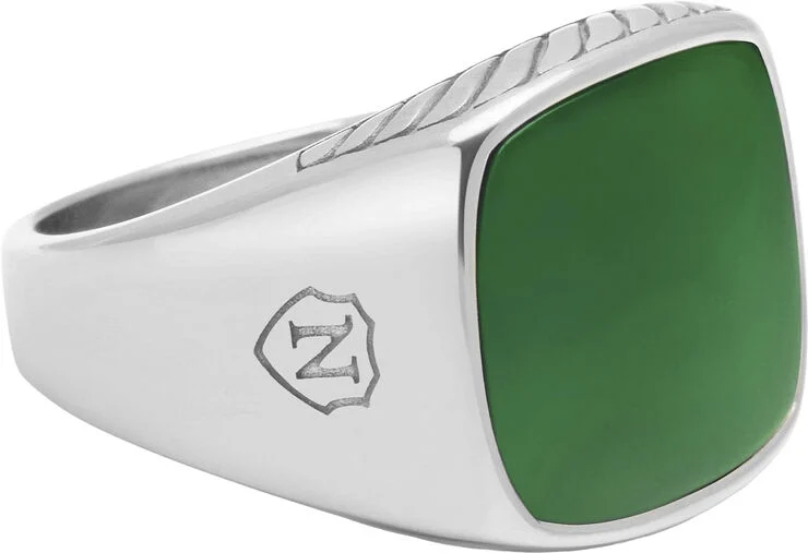 Nialaya Gentlemen's Silver Signet Ring with Green Jade Silver / green
