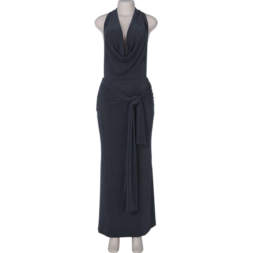 Sosana - Halterhals Effen Rugloze Maxi Bodycon Jurk