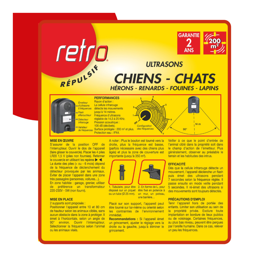 Retro répulsif ultrasons chiens - chats lapins – renards – fouines - hérons