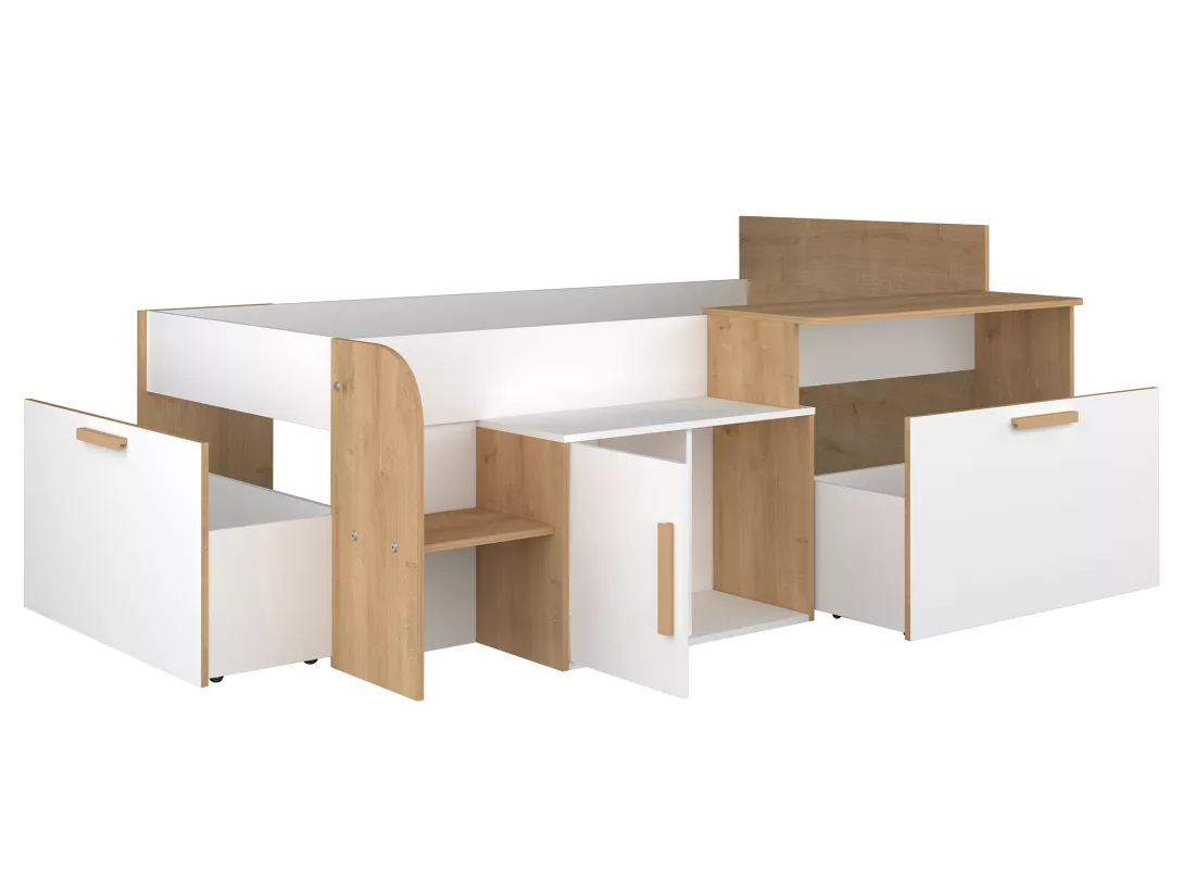 Lit combiné 90 x 200 cm avec bureau et rangements - Coloris : Blanc et naturel + Sommier - PEDRO