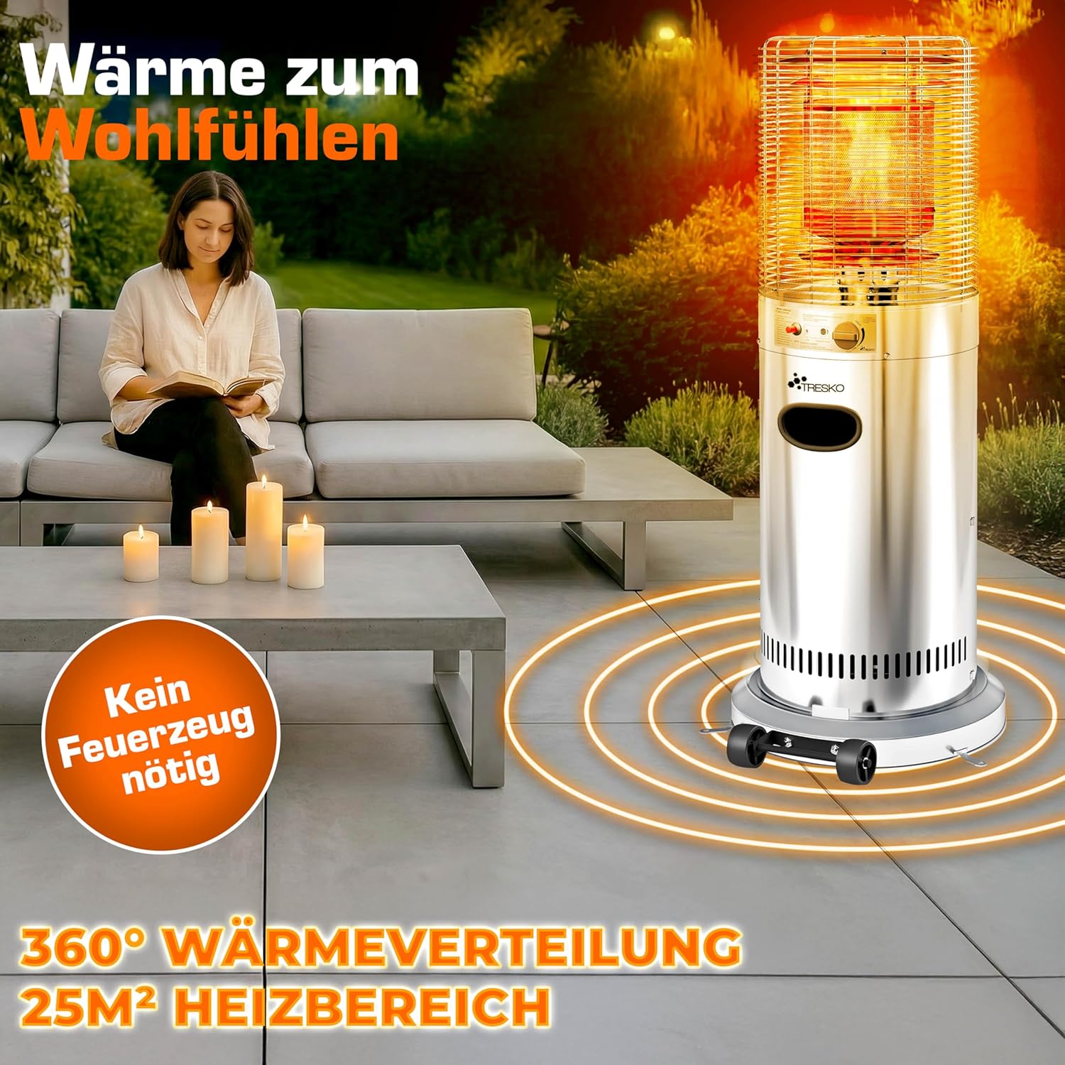 TRESKO® Heizstrahler Gas 11 kW mit Rollen | Outdoor Terrassenheizer für 5 & 11 kg Gasflaschen | Gasheizstrahler für Terrasse, Balkon & Garten | Gasheizer Heizpilz mit Schlauch & Regler (Silber)