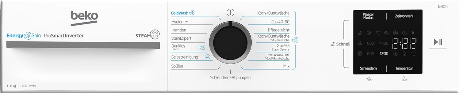Beko BM3WFU4841W1, Waschmaschine, 8 kg, Frontlader, Waschvollautomat, 1400 U/min, SteamCure Dampffunktion, allergikergeeignet, Weiß