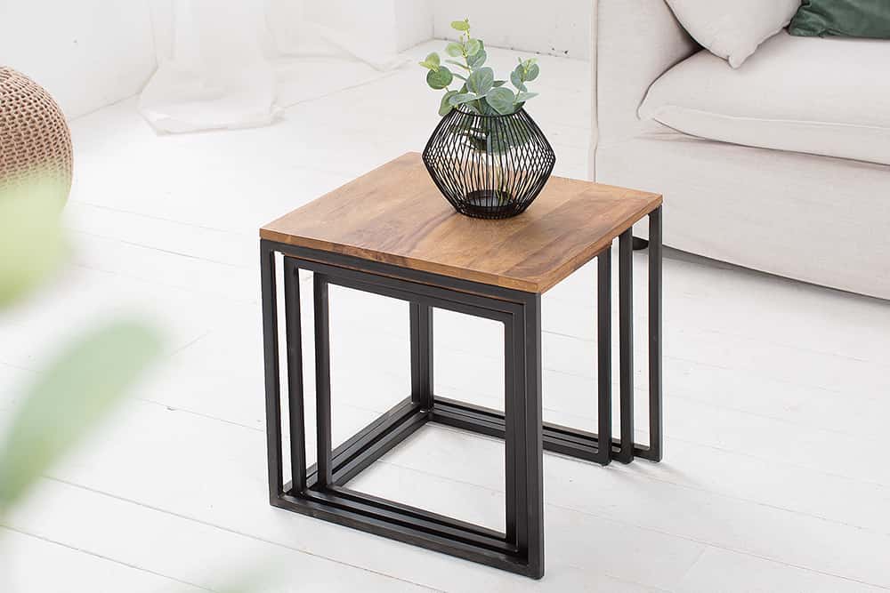 3er Set Beistelltisch ELEMENTS 40cm braun Sheesham Massivholz stone finish Metall