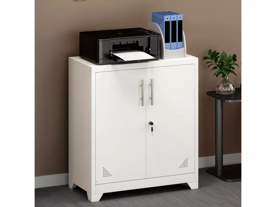 Meuble de Rangement Bureau - Armoire Metallique avec Serrure - Meuble Imprimante avec 2 Etagères Réglables - Blanc - 80 x 40 x 90cm
