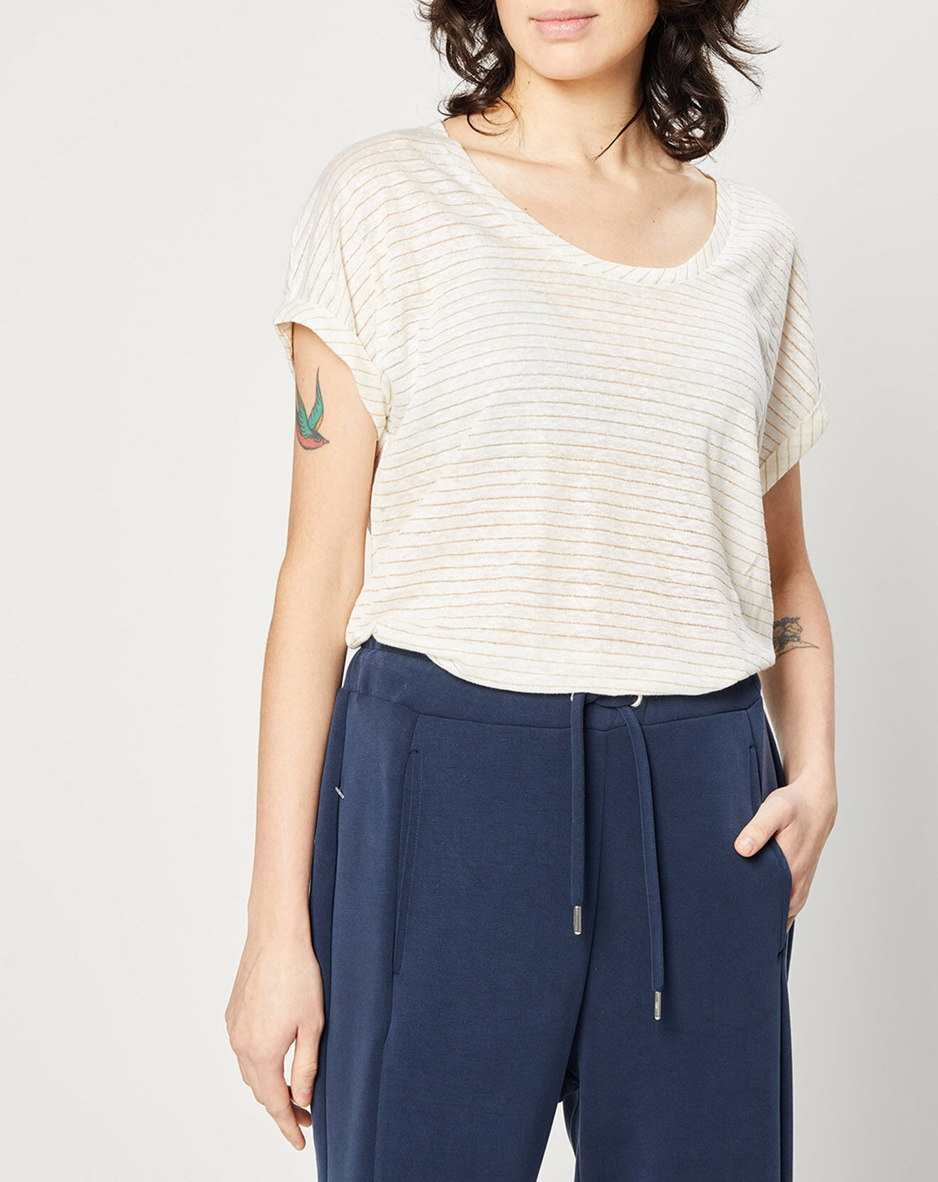 Esprit T-Shirt en Lin & Lurex à rayures blanc
