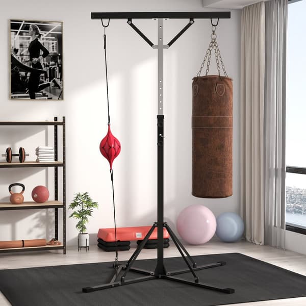 Bokseposestativ, høydejusterbart, frittstående bokseposeholder med speedball, lastekapasitet opptil 60 kg, stål, svart