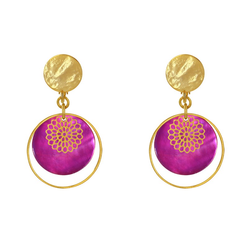 Boucles d'Oreilles Clip Métal Doré Cercle et Pastille de Nacre