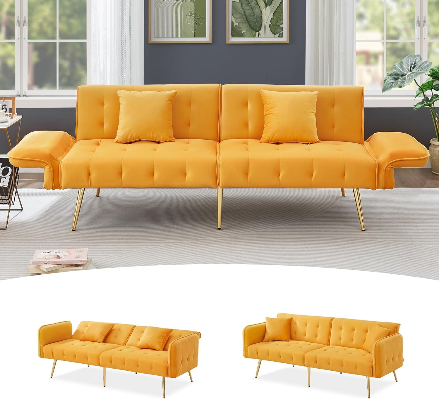 Zweisitzer-Multifunktions-Sofabett mit Bettfunktion, Verstellbarer Rückenlehne + mehrstelligen Armlehnen. Modernes Faltsofabett für Wohnzimmer - Veloursbezug. Großzügiger Schlafbereich
