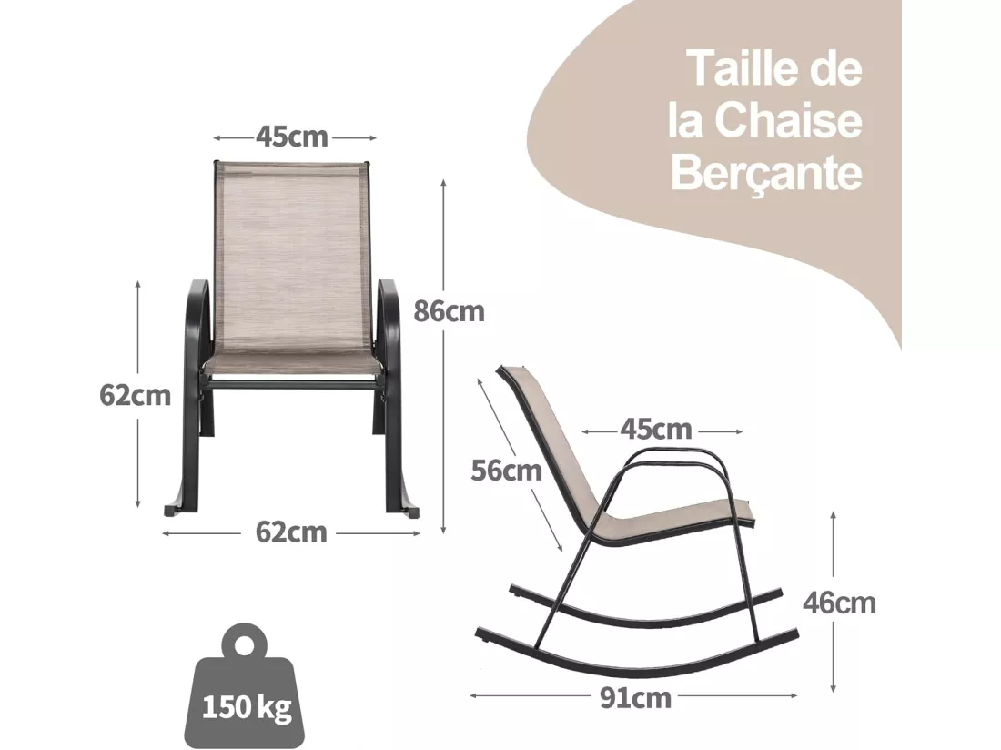 Chaise de Jardin à Bascule Lot de 2, Fauteuil à Bascule avec Accoudoirs, Cadre en Métal, Rocking Chair Ergonomique pour Jardin, Piscine, 91 x 62 x 86 cm