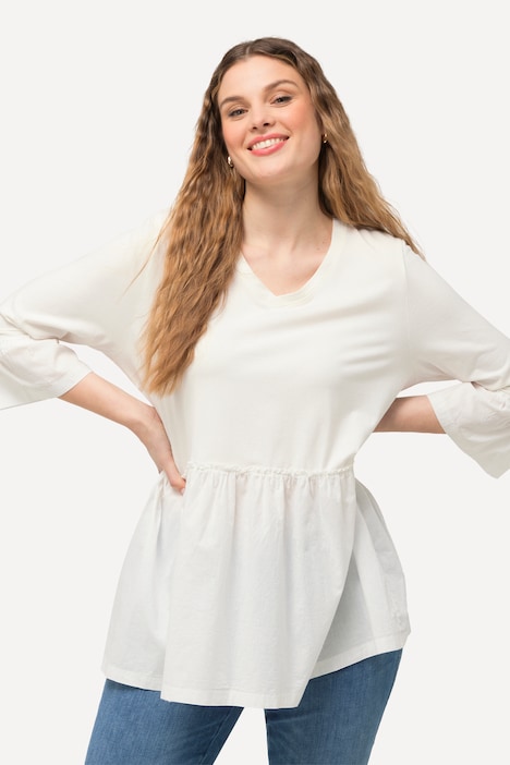 T-Shirt, Volantsaum, A-Linie, V-Ausschnitt, 3/4-Arm
