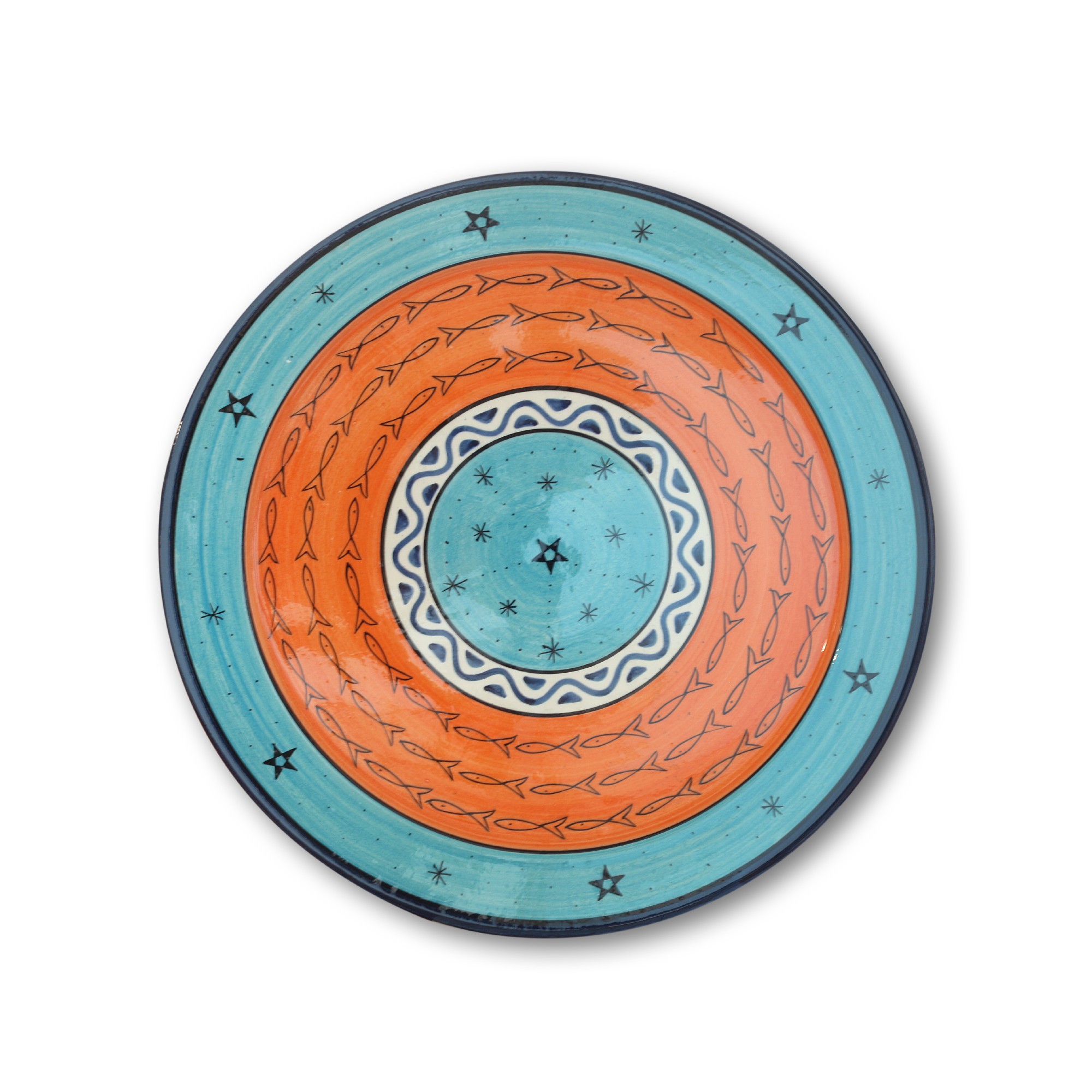 Zierteller 'Fisch', blau, orange, Ø 40 cm, H 6 cm von fischer's lagerhaus