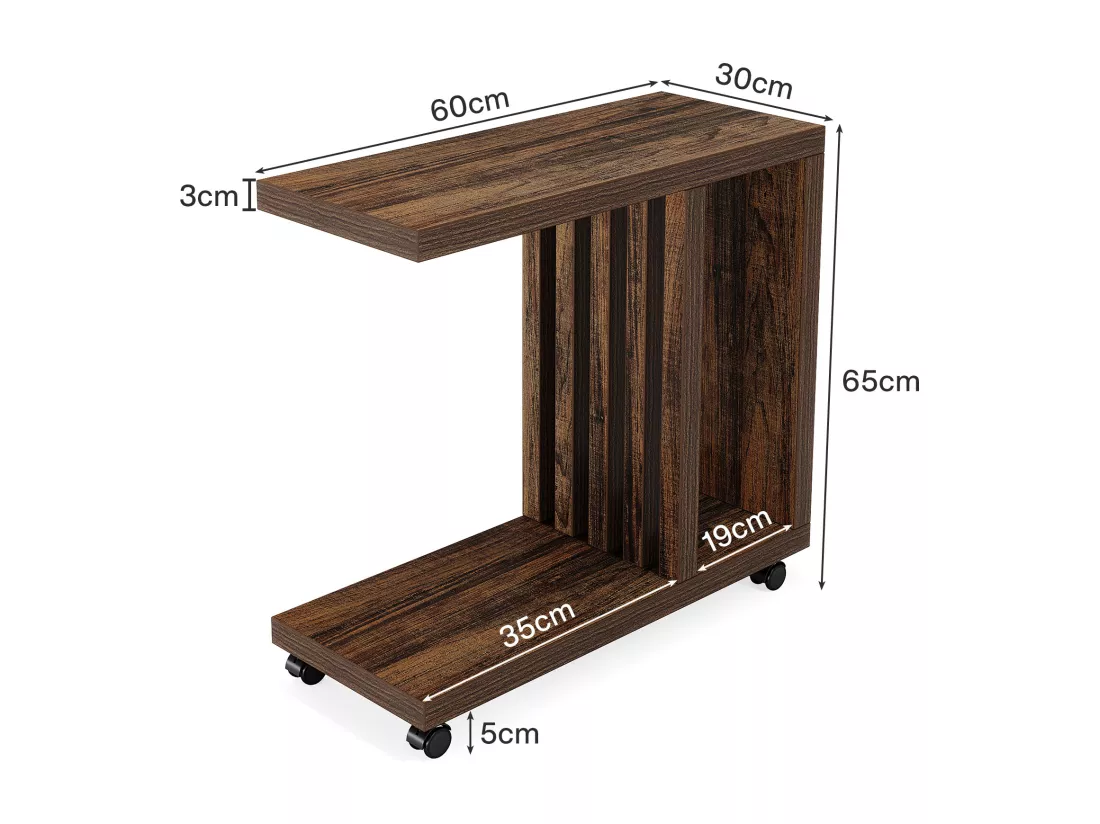 Table d'appoint en Forme de C, Table d'appoint Rustique en Bois avec roulettes verrouillables, Couleur Marron