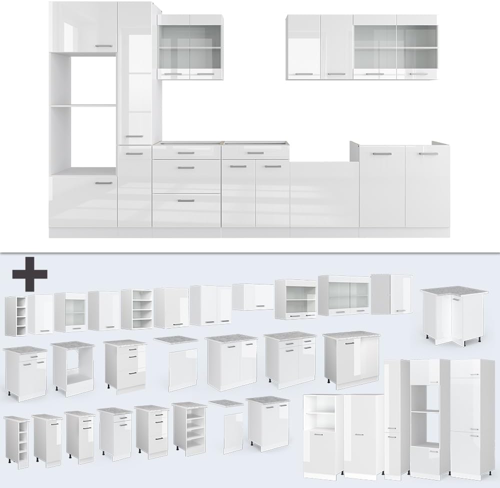 Vicco Küchenzeile R-Line, Weiß Hochglanz/Weiß, 350 cm mit Hochschrank, ohne Arbeitsplatte