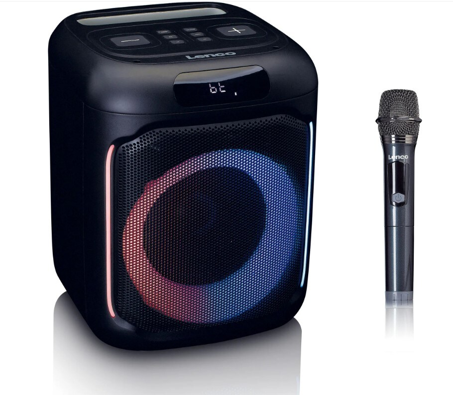 Lenco PA-101BK - Bluetooth® Party-Lautsprecher mit LED-Lichteffekten - 100W RMS, USB, 14 Stunden Batterielaufzeit - Schwarz