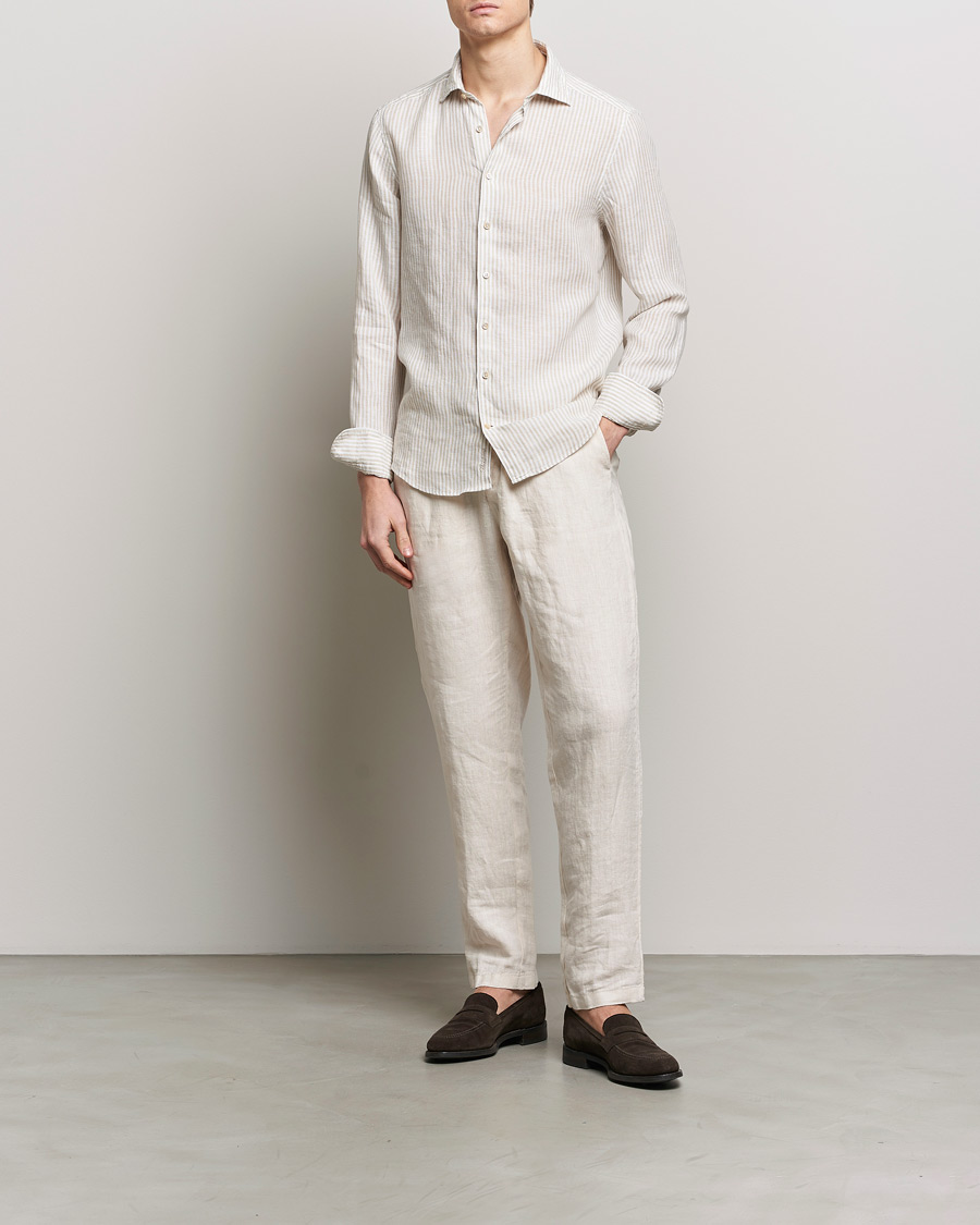 Stenströms Slimline Cut Away Striped Linen Shirt Beige