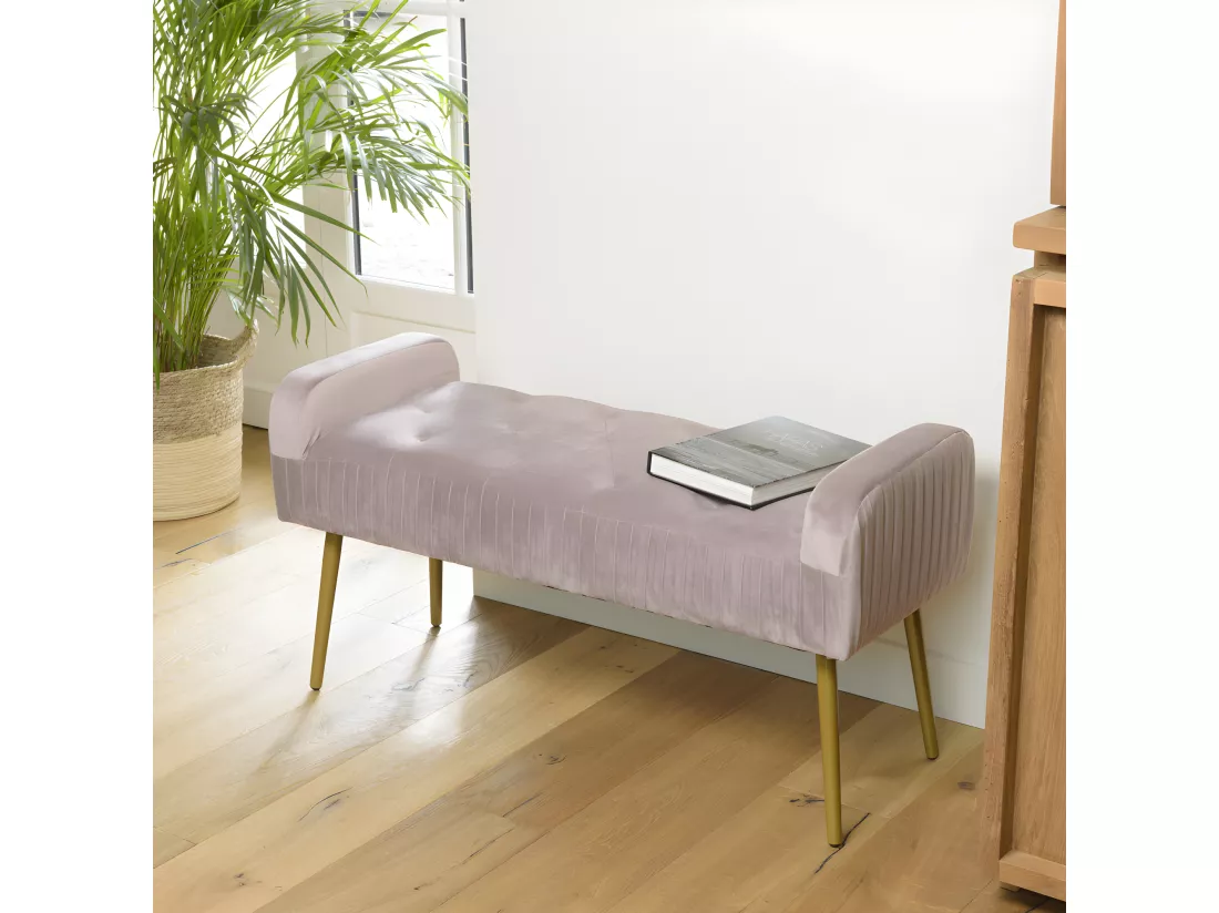 ALBANE - Banc de lit velours rose poudré pieds métal doré