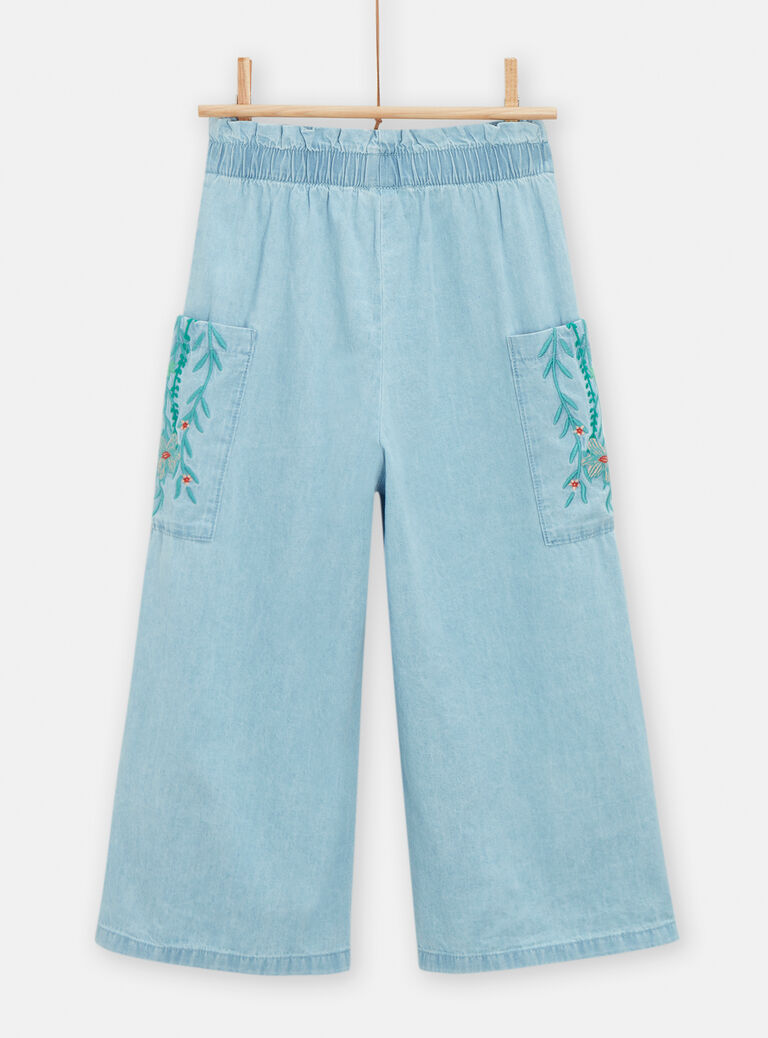 Pantalon large en denim claire avec broderie pour fille