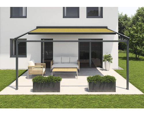 SOLUNA Pergola met stoffen dak 4x3, stoffen dessin S1468, frame RAL 7016 antracietgrijs, aandrijving links inclusief motor, wandschakelaar (wandmontage)