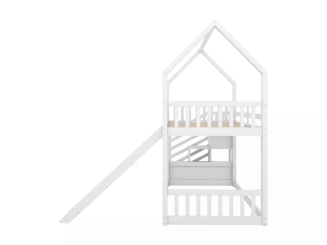 Lit superposé 90x200cm - lit cabane enfant avec escalier de rangement et toboggan, 1x sommier à lattes - blanc