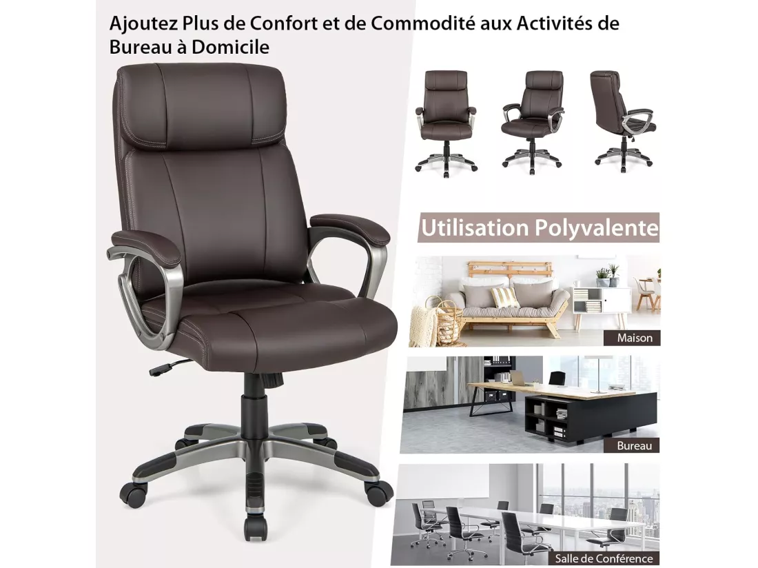 Fauteuil de Bureau Ergonomique, Chaise de Bureau en Cuir PU, à Bascule, Hauteur Réglable, Fauteuil de Gamer, Chaise de Travail Pivotant, Charge Maximale 160 kg, Marron