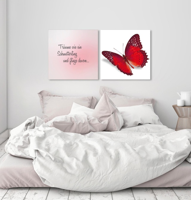 queence Leinwandbild »flieg davon« Kunst | Modern | Schmetterlinge | Schriftzug | Schriftzüge | Spa | Spa Bilder | Sprüche | Sprüche & Texte | Tiere Set,  Premium-Leinwandstoff, Handarbeit aus Deutschland, Spruch, 2er Set