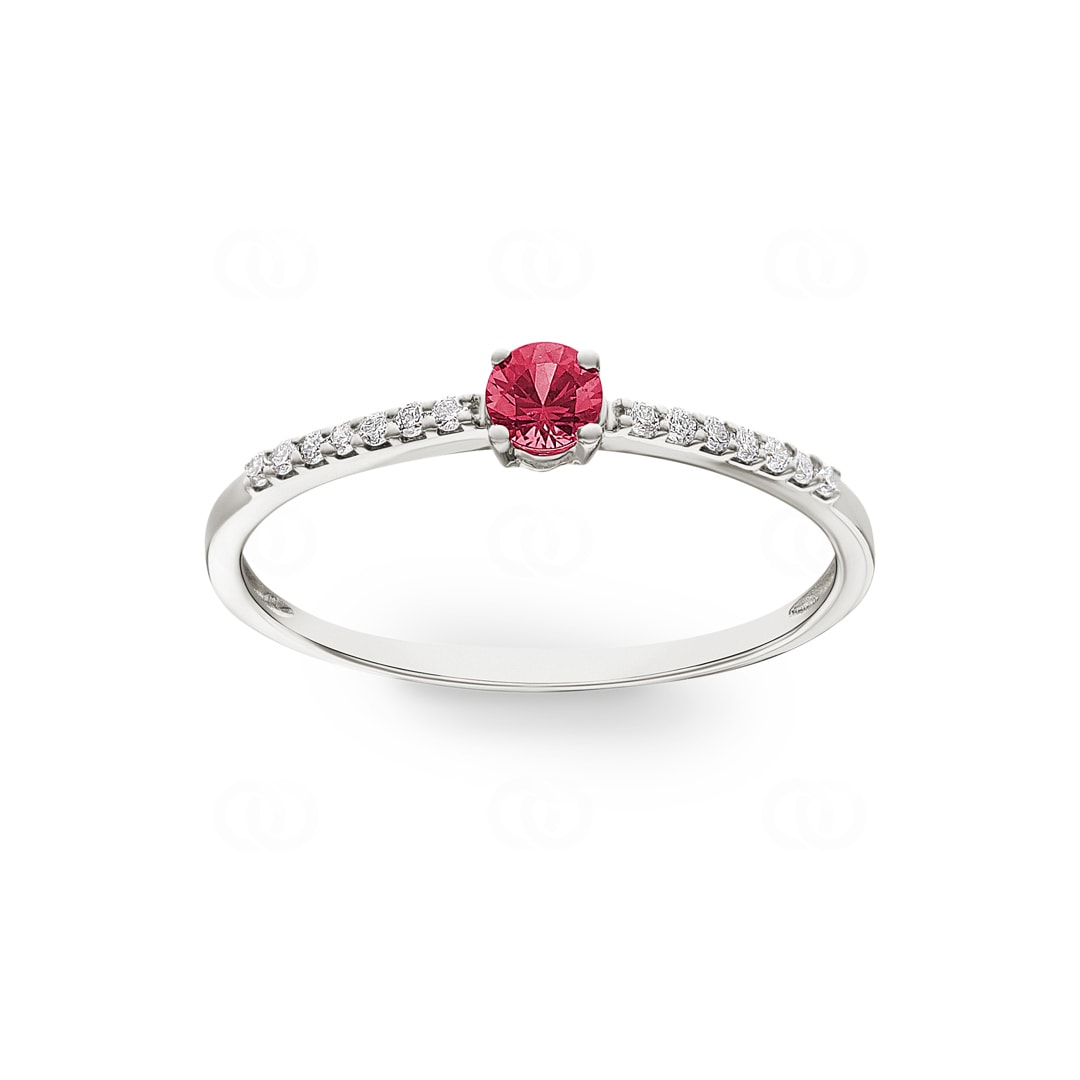 Damenring 750/18 K Weissgold mit Rubin rund & Diamanten 0.07 ct H/si
