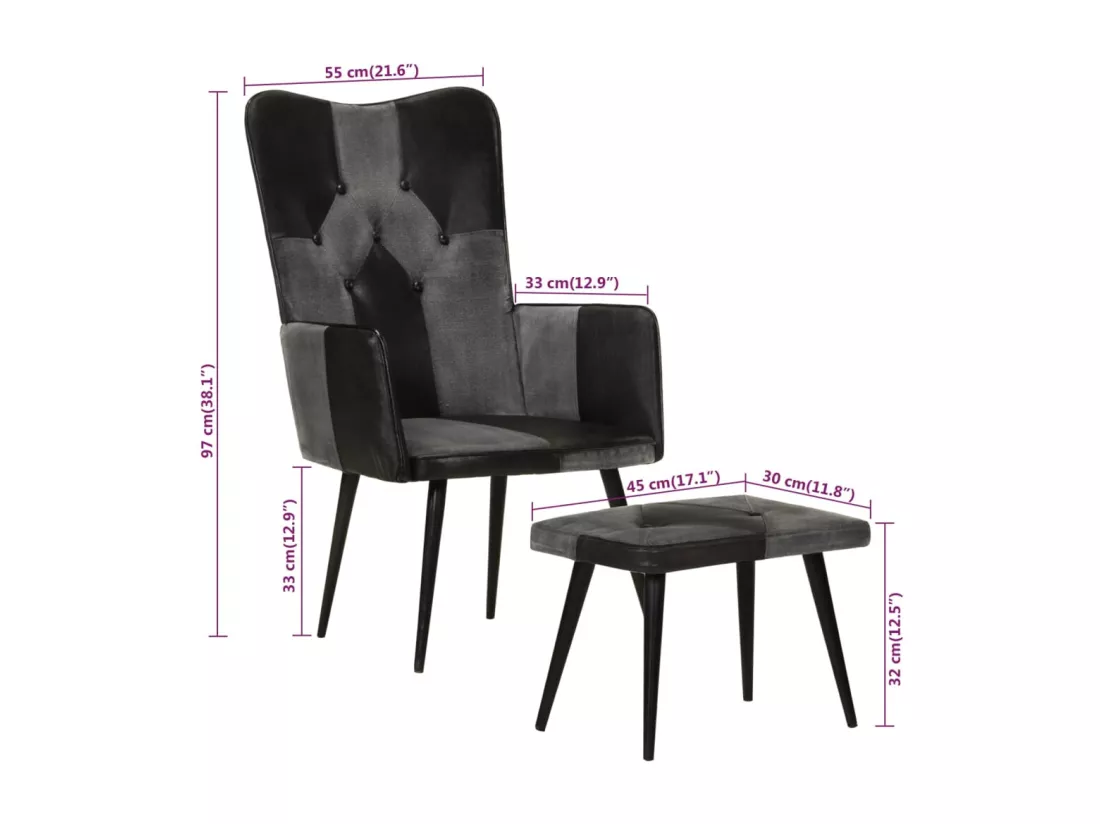 Fauteuil avec repose-pieds Noir Cuir véritable et toile