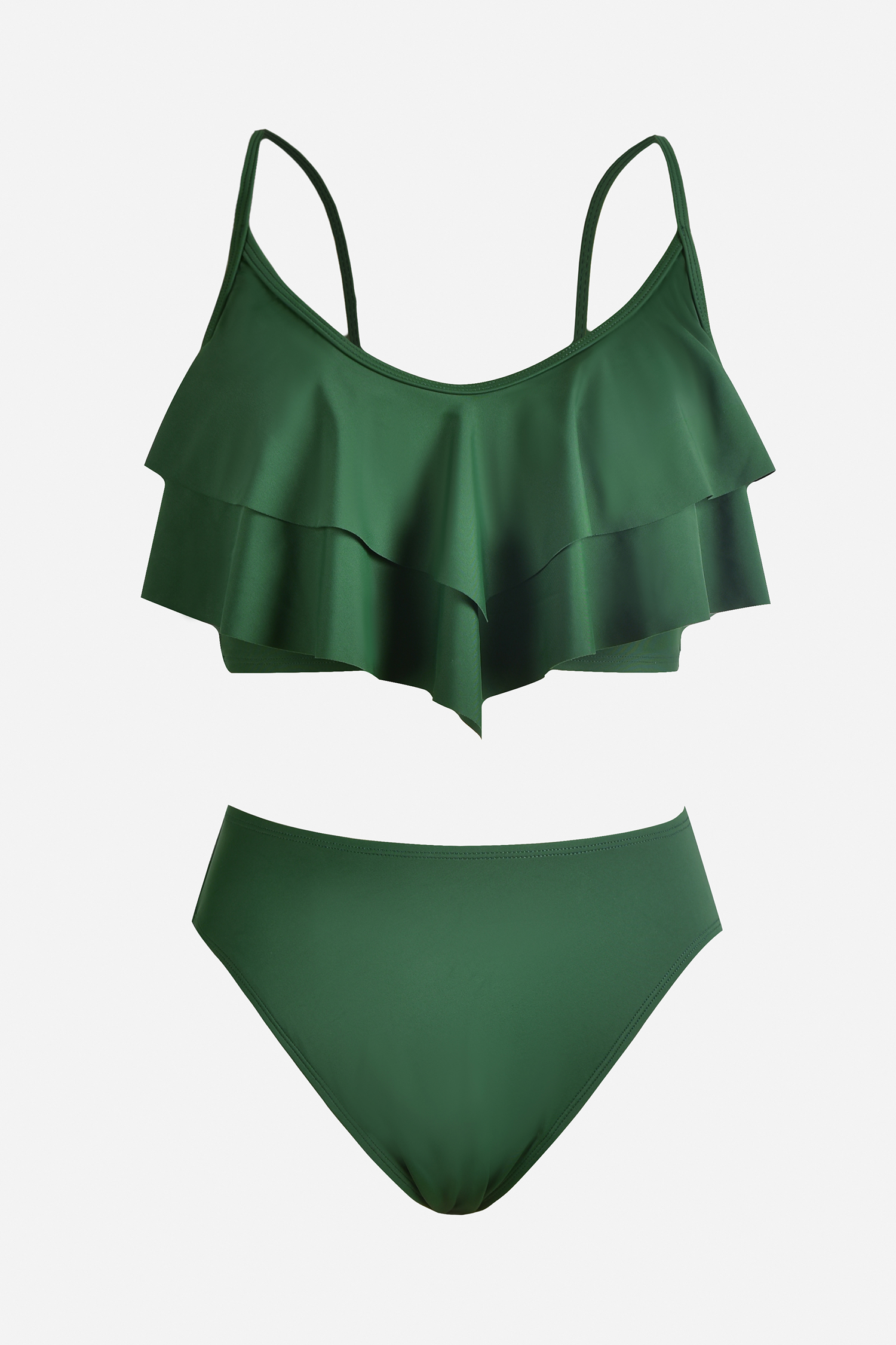 Bikini taille haute à col en V à volants vert
