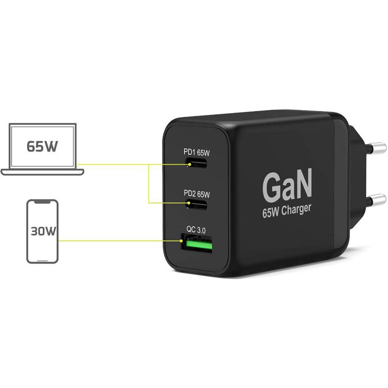 Chargeur adaptateur secteur GaN 65W USB-C & USB-A PORT + câble de 2 m inclus