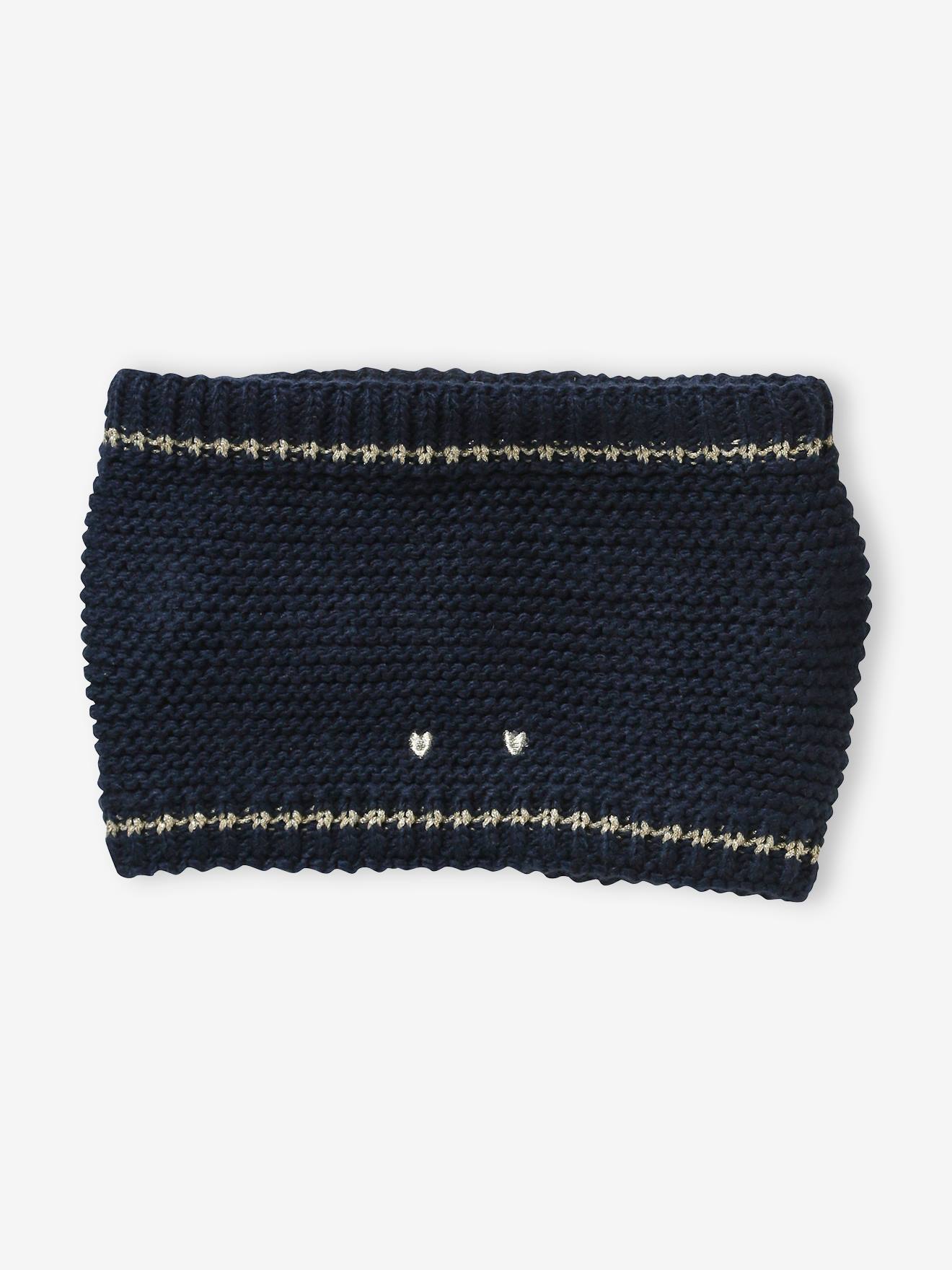 Conjunto de gorro, cachecol e luvas com estampa de corações em azul escuro, para meninas.