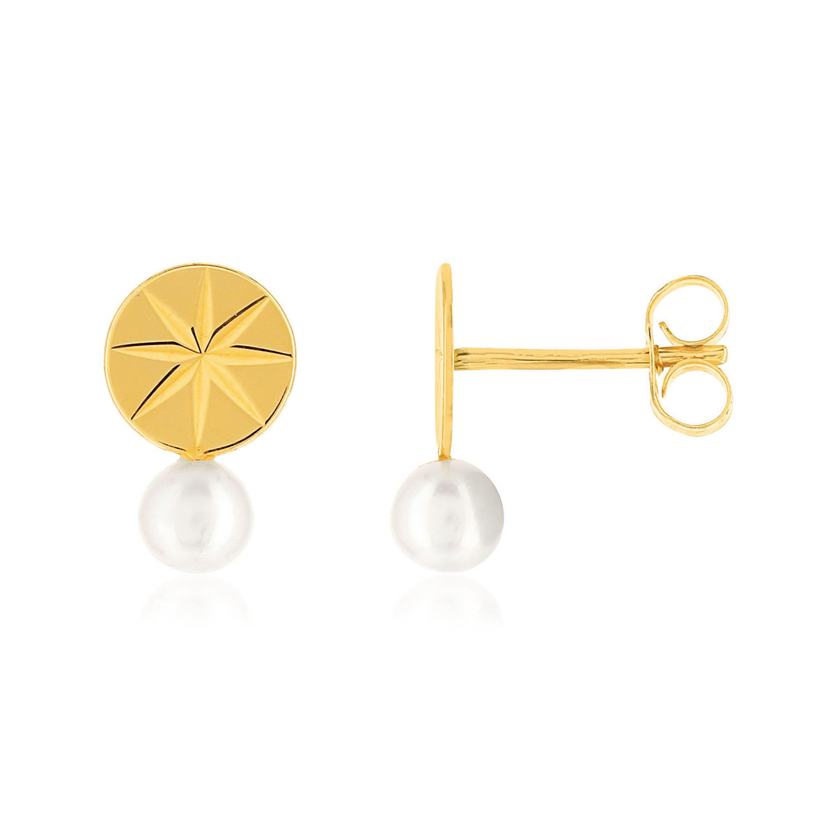 Boucles d'oreilles or jaune 375, motif disque forme étoile, perles de culture de Chine.
