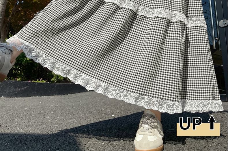 hollybunbur - Hoge taille geruite maxi-A-lijn rok met kantversiering (verschillende ontwerpen)