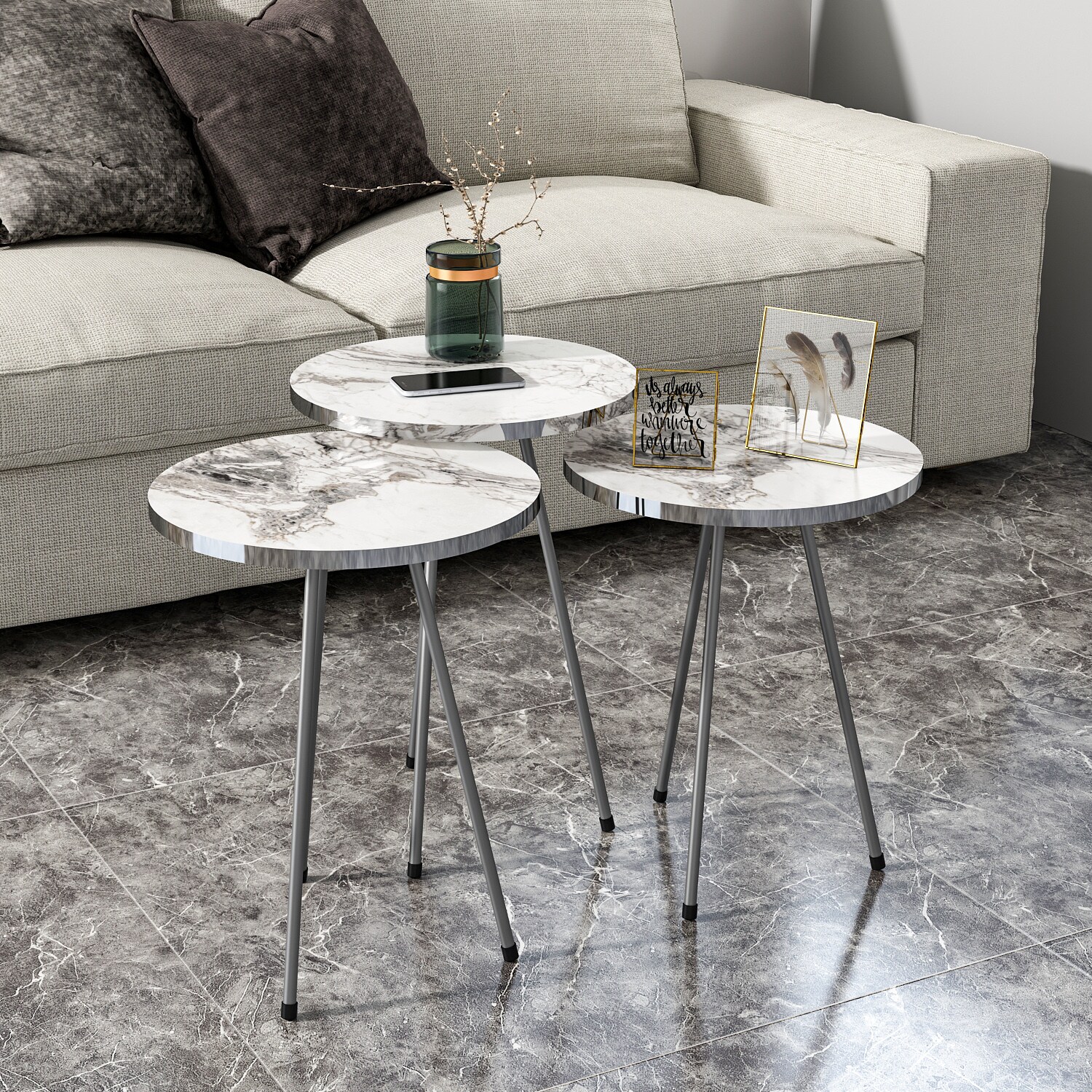 Beistelltisch 3er Set Marmoroptik Weiß 10696252