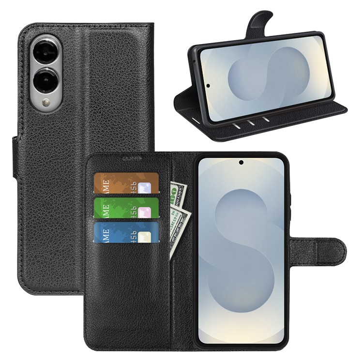 Samsung Galaxy S25 Edge Leder Tasche Flip Cover Litchi Look - Schwarz