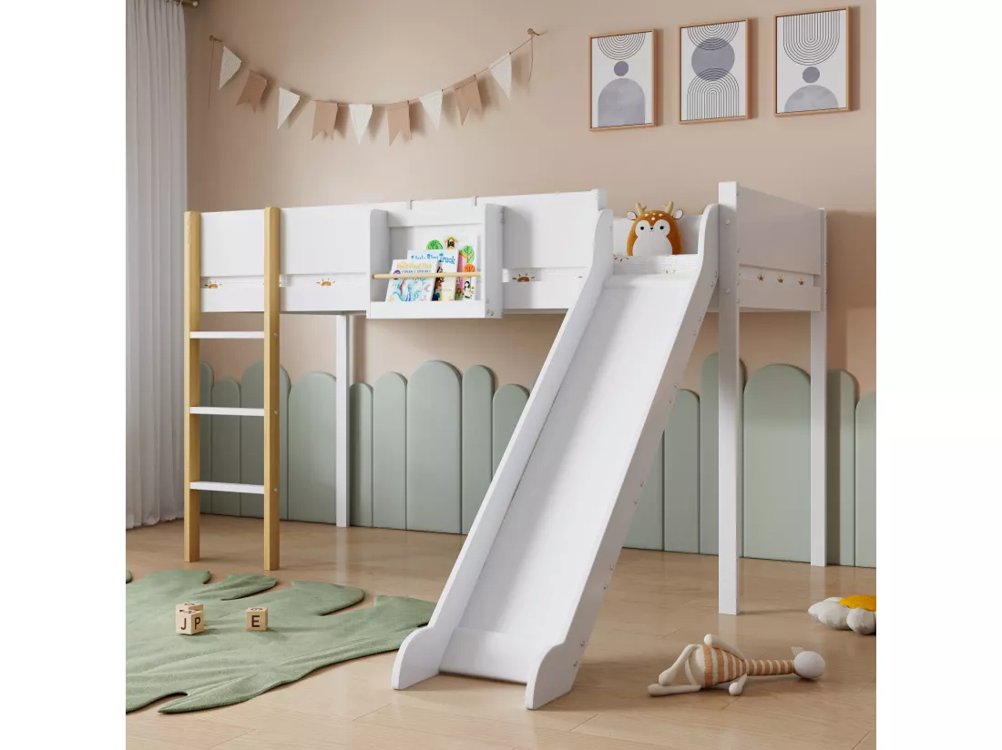 Lit mezzanine 90x200cm, lit enfant avec échelle, toboggan, étagère amovible, pin+MDF, blanc+naturel