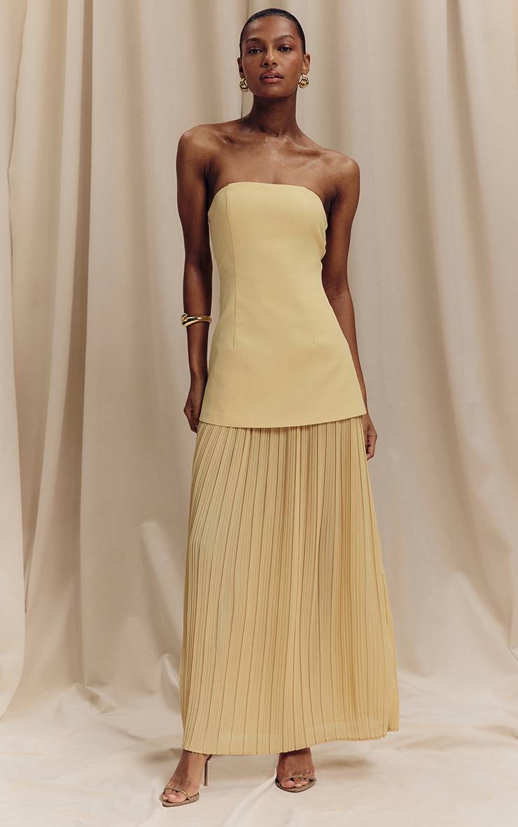 Citron Robe Maxi Bandeau À Jupe Plissée En Mousseline Avec Panneaux