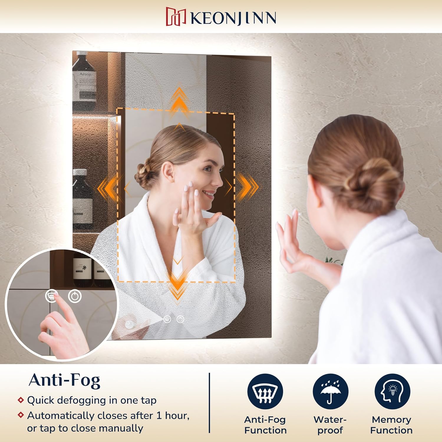 Keonjinn Badspiegel mit Beleuchtung Rechteckig 60x80cm, Badezimmerspiegel mit Beschlagfrei Touch Schalter Speicherfunktion 3 Lichtfarben Dimmbarer LED Bad Spiegel Ohne Rahmen Badezimmer Wandspiegel