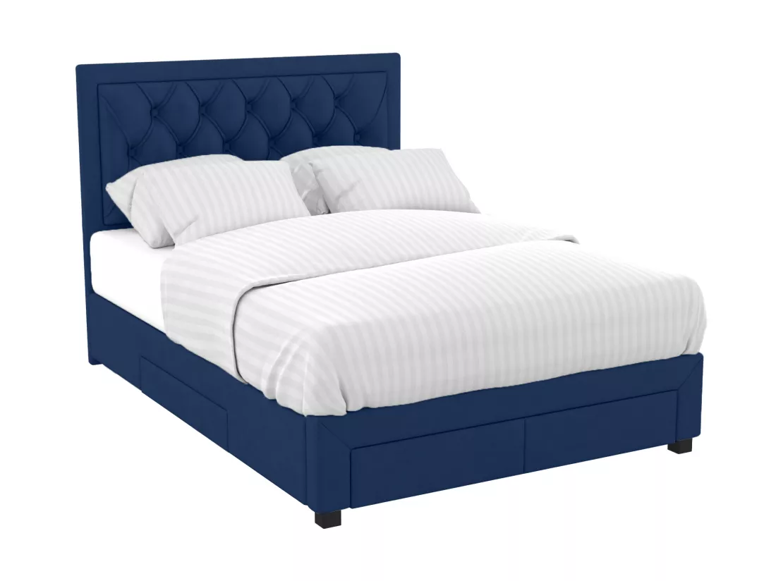 Lit avec tiroirs 160 x 200 cm - Tissu velours bleu - LEOPOLD