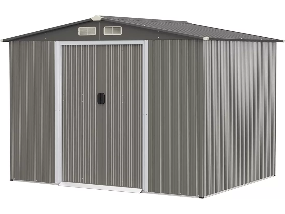 Abri de Jardin Métal 9,74m³ Acier Galvanisé avec Fondation-4 Persiennes-Double Porte et Rampe 260 x 207 x 181 cm-Gris Clair