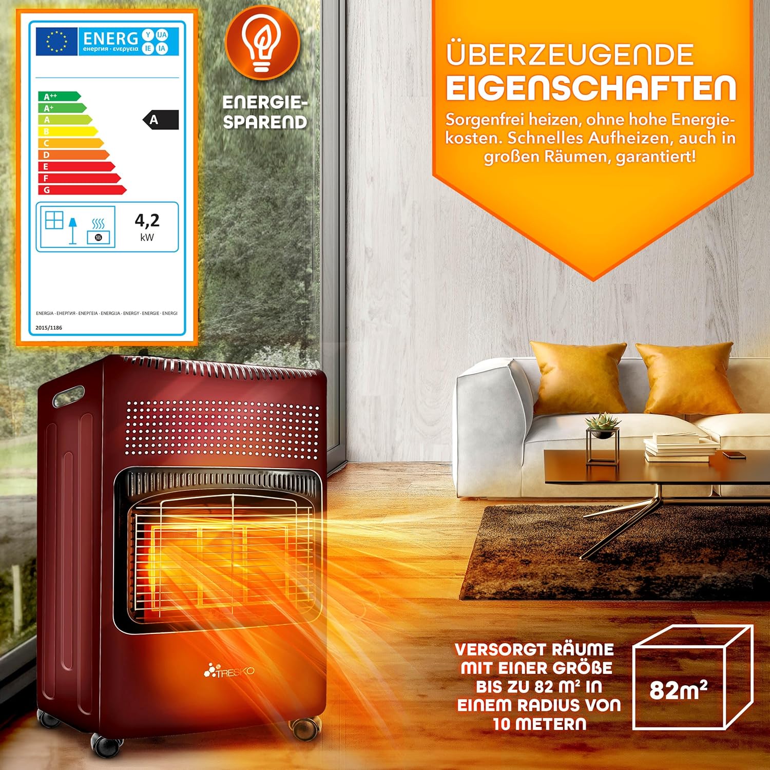 TRESKO 4200 Watt Gasheizung inkl. Gasdruckregler Gasschlauch + Abdeckung | Gasheizer Gasofen Gasheizofen mit 3 Stufen | Infrarot Gasheizgerät, Strahlend (Rot)