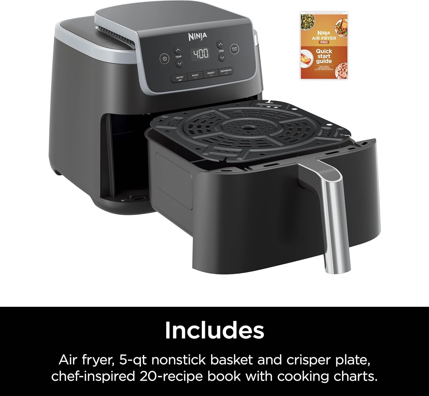 Ninja AF141 – Friteuse à air comprimé Pro 4 en 1 avec capacité de 5 litres, friture à air, rôti, réchauffement, déshydratation, technologie Air Crisp avec 400 °C pour des résultats chauds et