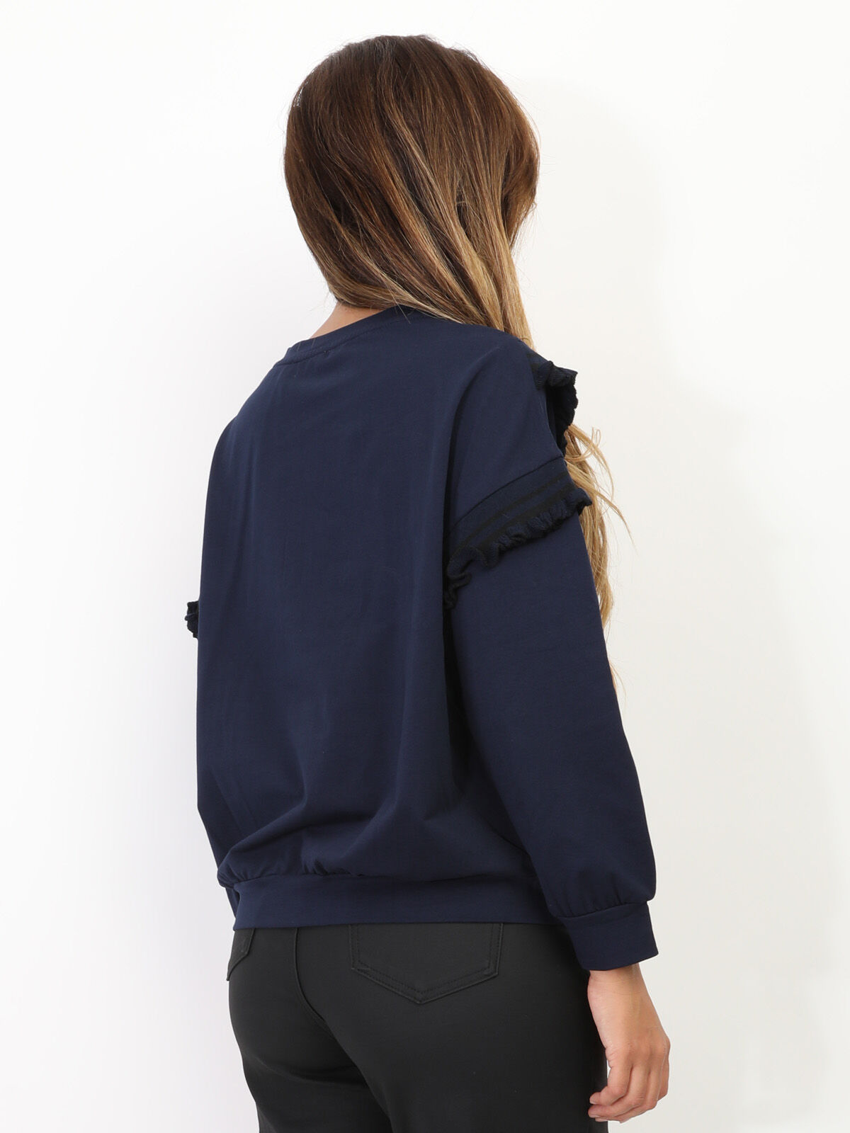 Sweat-shirt à volants contrastants- Bleu marine